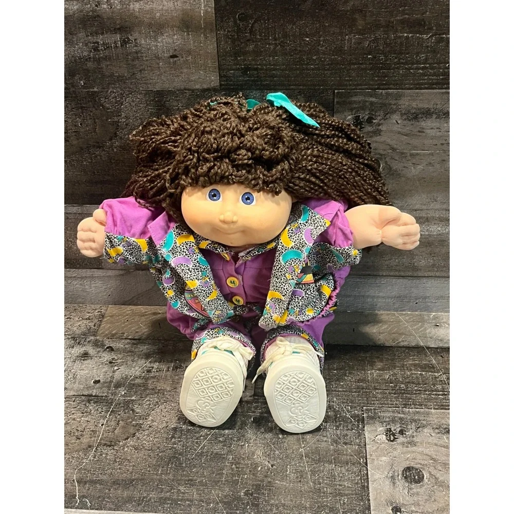 Vintage Cabbage Patch Kids Doll 90s Brown Yarn Hair Blue Eyes Purple Outfit